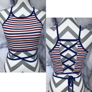 SIGNATURE8  STRIPED LACED BACK TANK sz M